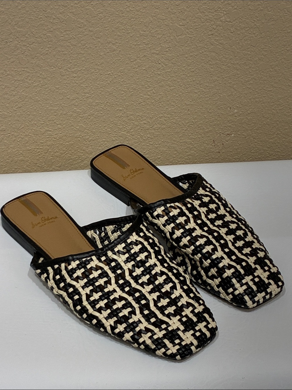 Sam Edelman Black & Cream Woven Slip-On Mules